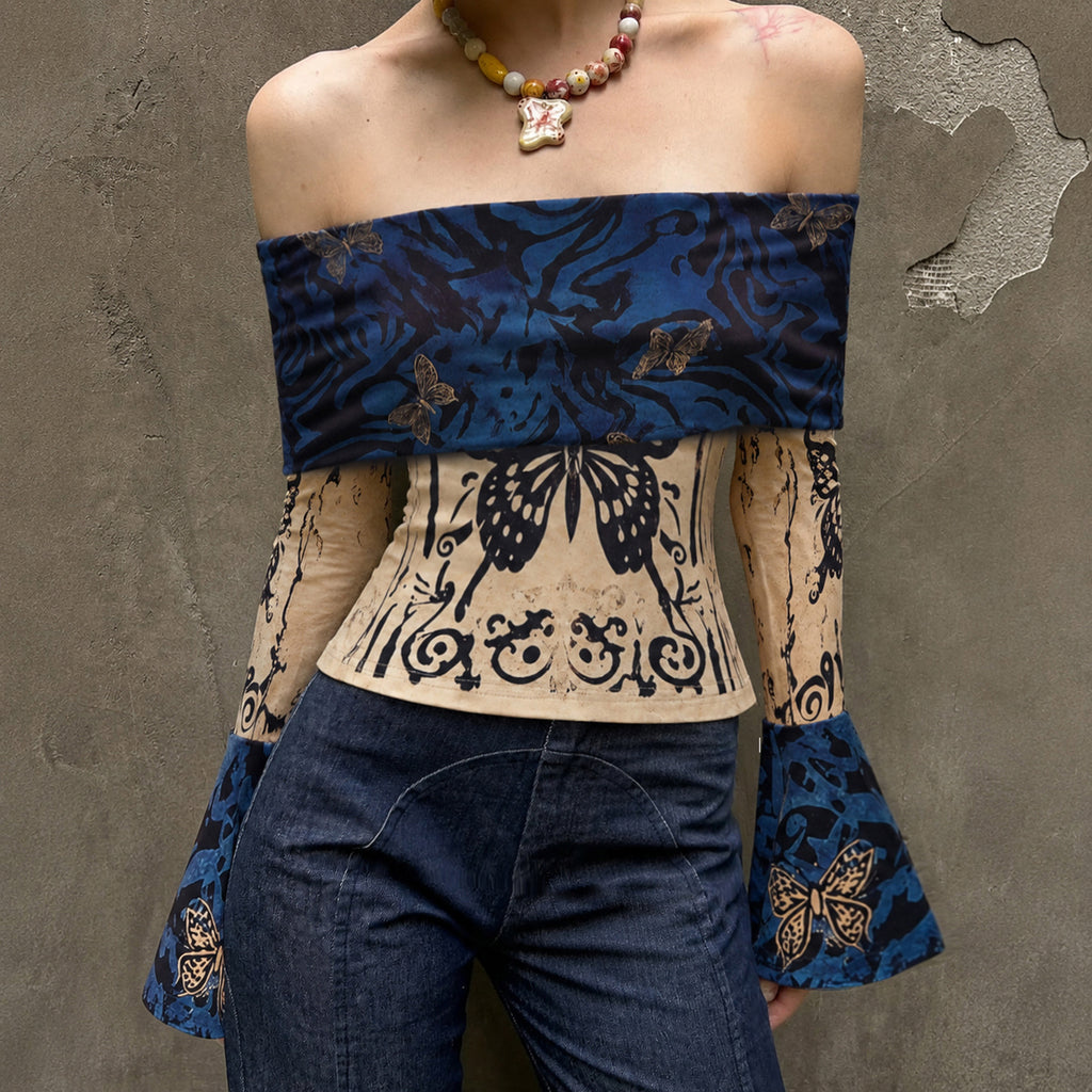 Women's Retro Butterfly Positioning Print Shoulder Bell Sleeve Top