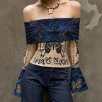 Women's Retro Butterfly Positioning Print Shoulder Bell Sleeve Top