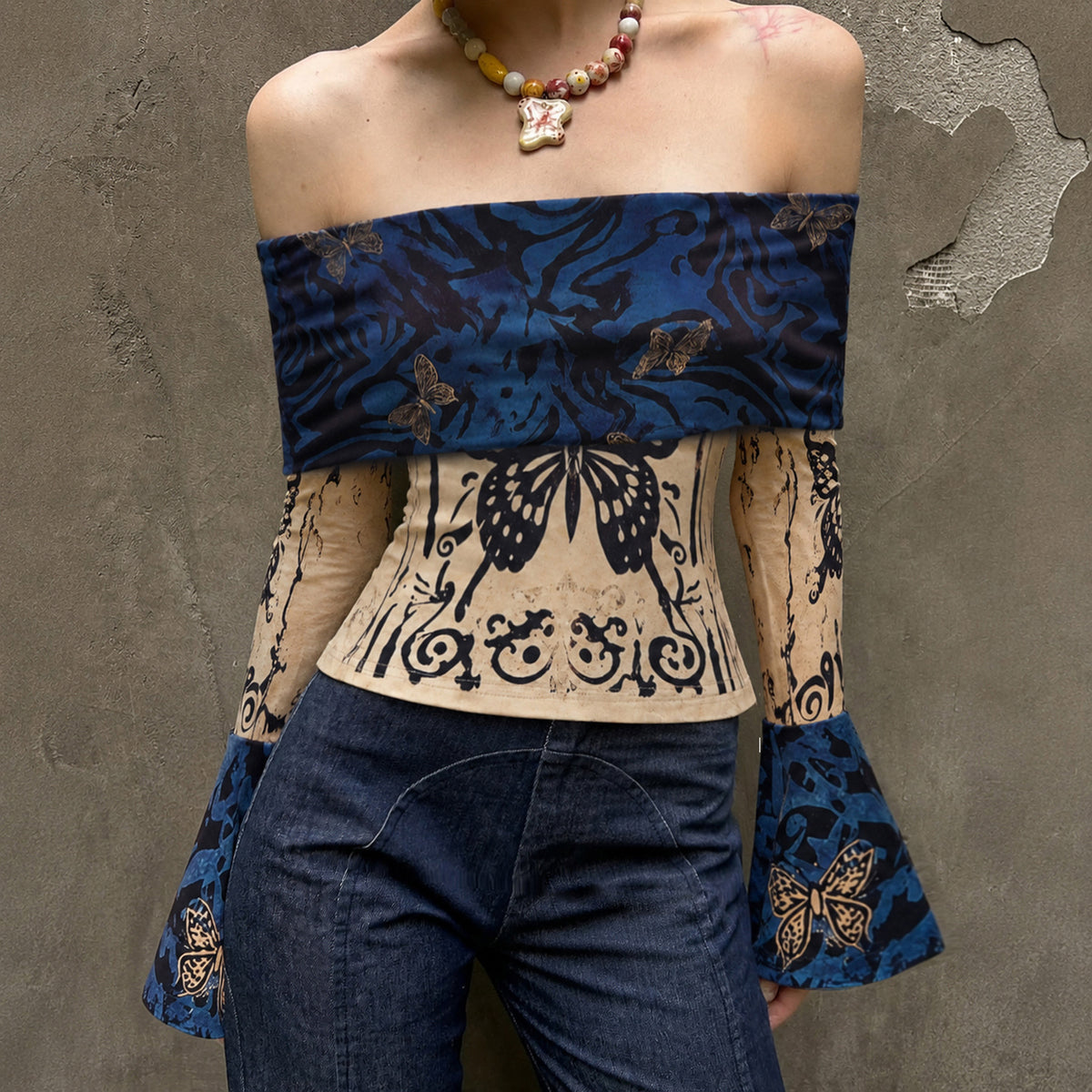 Women's Retro Butterfly Positioning Print Shoulder Bell Sleeve Top
