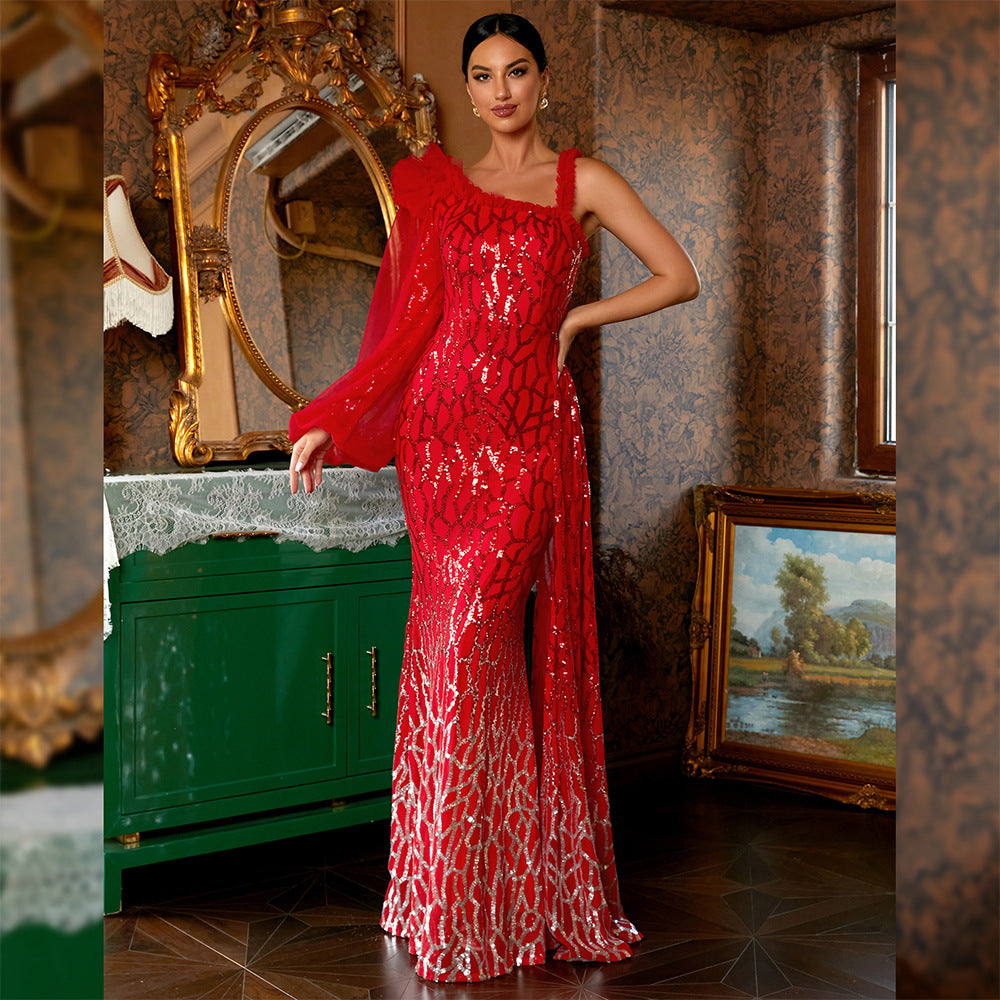 Elegant Long Sequined Long Sleeve Diagonal Collar Dress