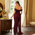 Women's Off-Neck Long Sequined Banquet Fishtail Small Trailing Dress