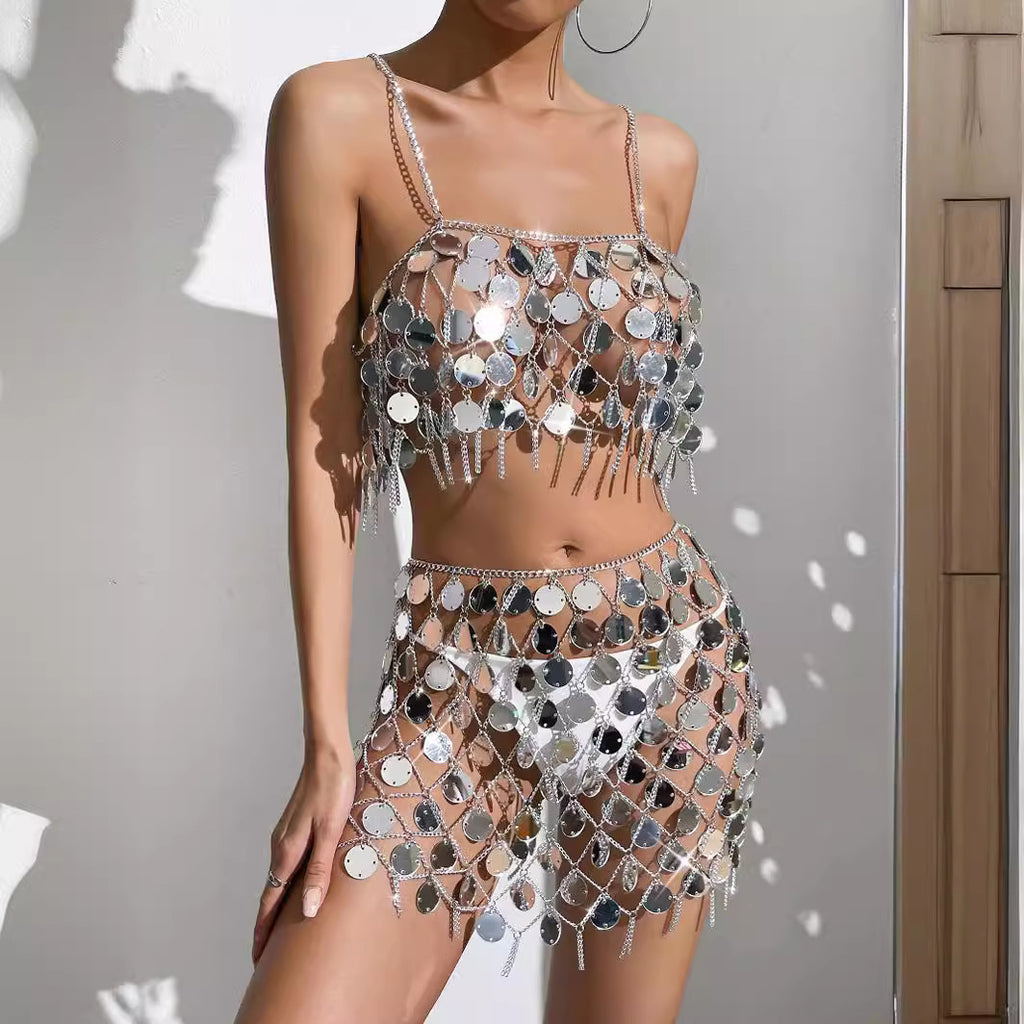 Women's Silver Sequin Halter Top & Skirt Set