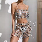 Women's Silver Sequin Halter Top & Skirt Set