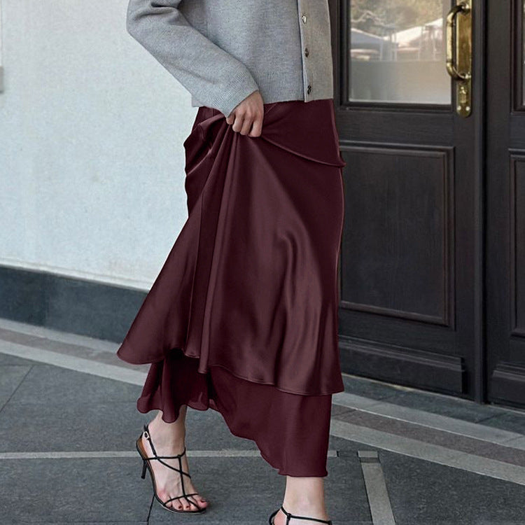 Satin Skirt Patchwork Mesh Double Layer Sheath