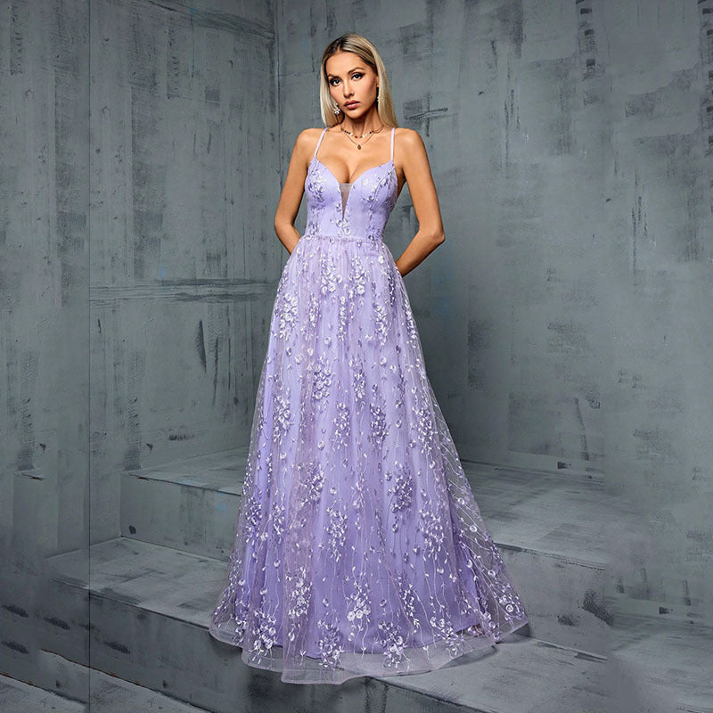 Evening Dress Sling Super Heavy Industry Shimmering Powder Sequ V neck Bare Chest High End Annual Party Party Evening Maxi Dress