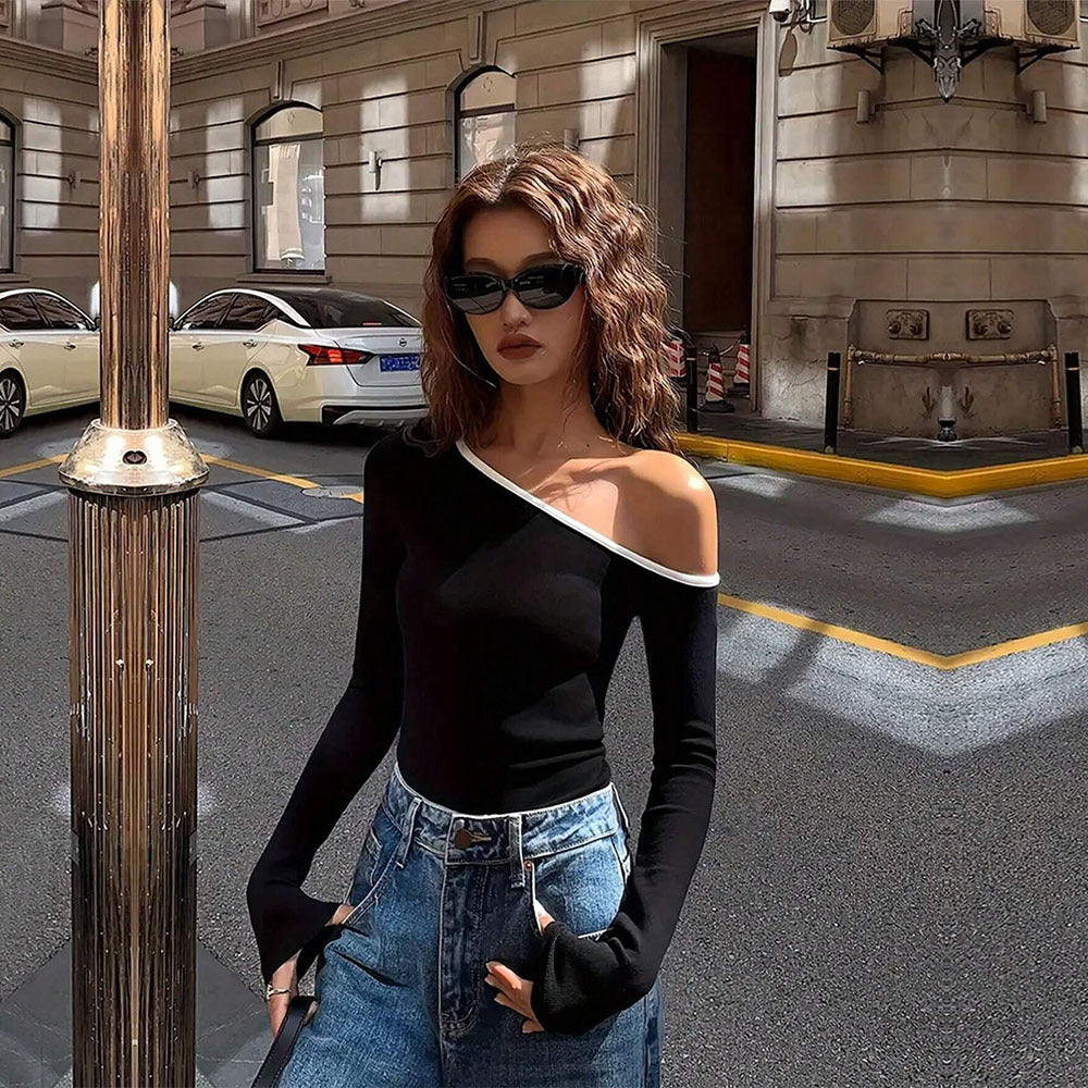 Women's Diagonal Collar T Shirt Unique Niche Off Shoulder Top