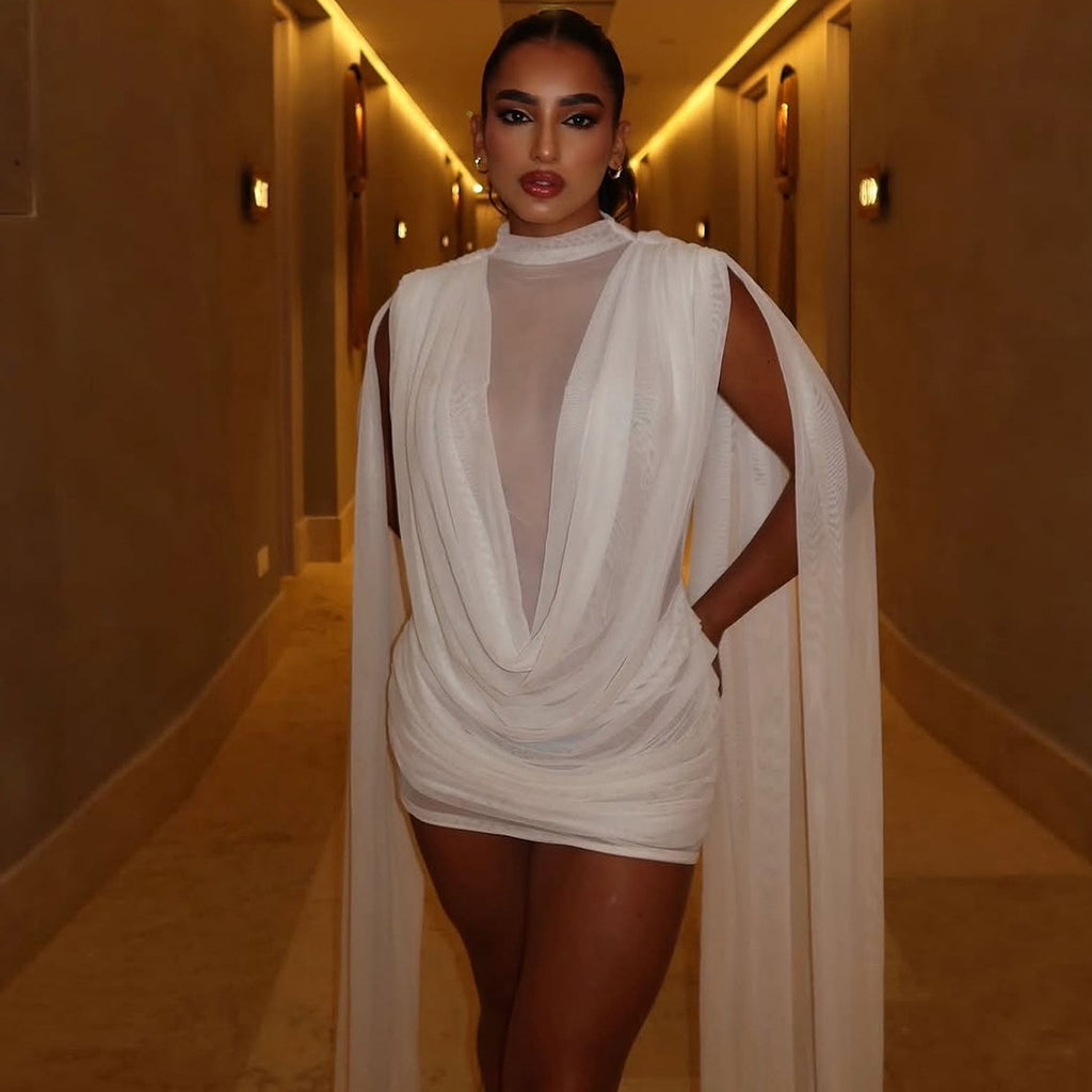 Half Turtleneck Double Layer Stitching Mesh Ribbon Dress