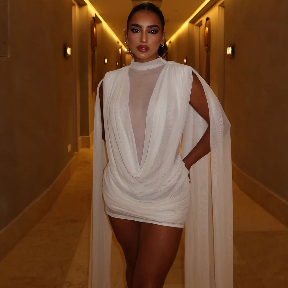 Half Turtleneck Double Layer Stitching Mesh Ribbon Dress