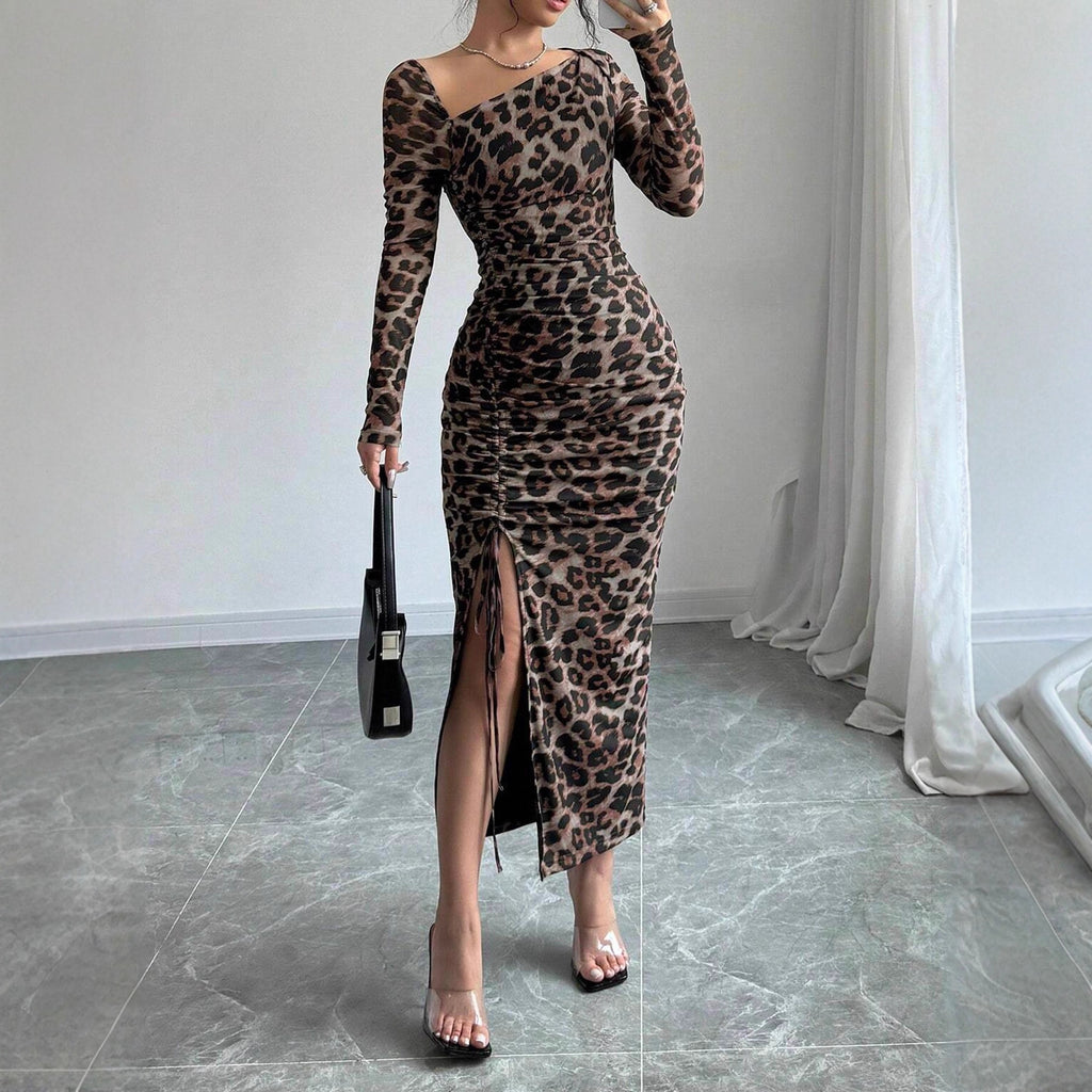 Leopard Print Dress Autumn Winter Slim Hip Long Sleeve Inner Wear Office