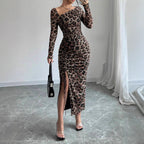 Leopard Print Dress Autumn Winter Slim Hip Long Sleeve Inner Wear Office