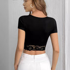 Lace V-Neck Short Sleeve Slim Fit Top