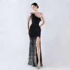 Women's Lengthened Ostrich Feather Beaded Sequ One Shoulder Diagonal Collar High Fork Evening Dress