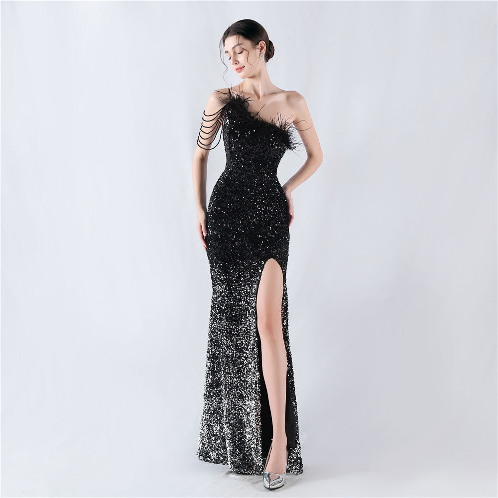 Women's Lengthened Ostrich Feather Beaded Sequ One Shoulder Diagonal Collar High Fork Evening Dress