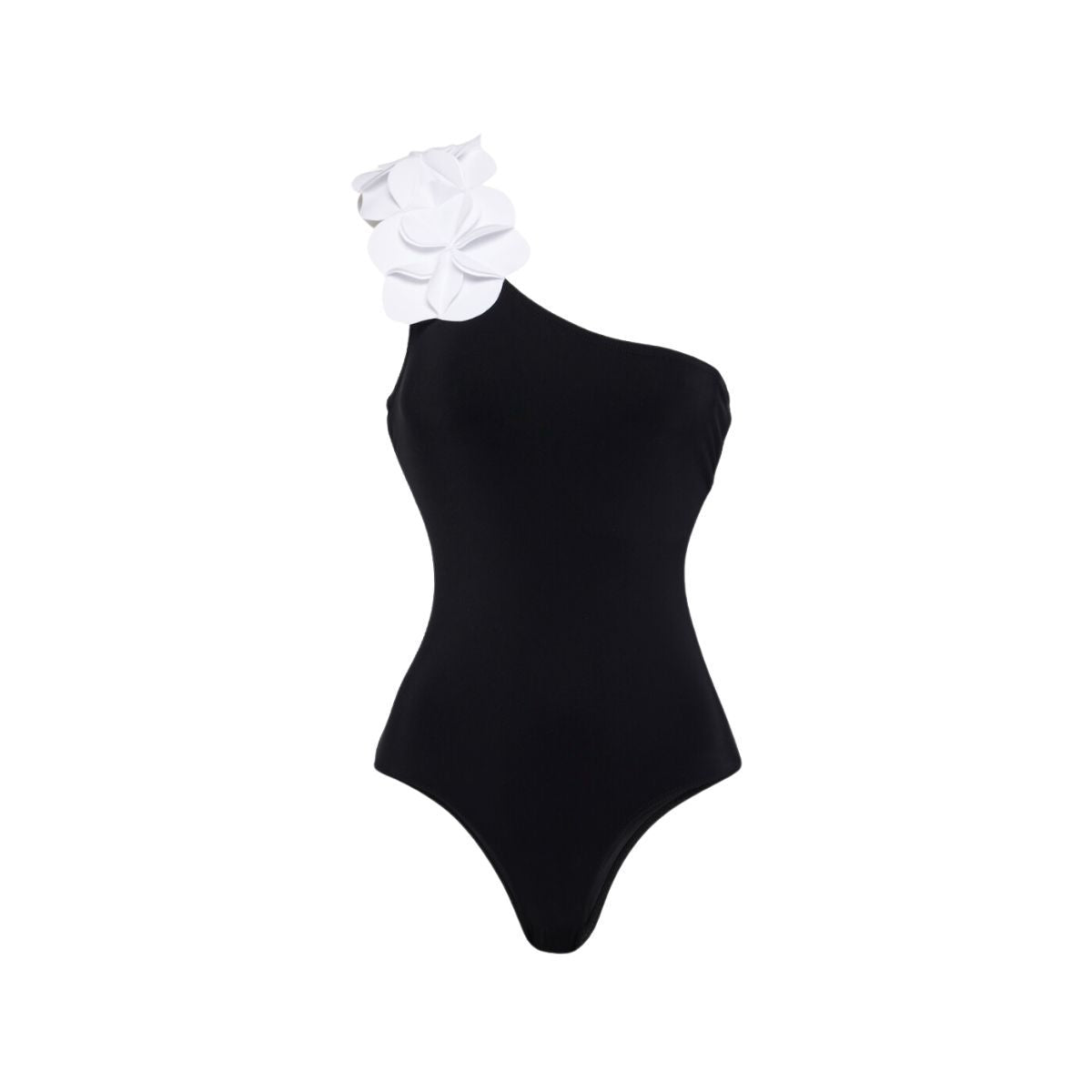 Black one-piece swimsuit with one-shoulder design and white flower applique