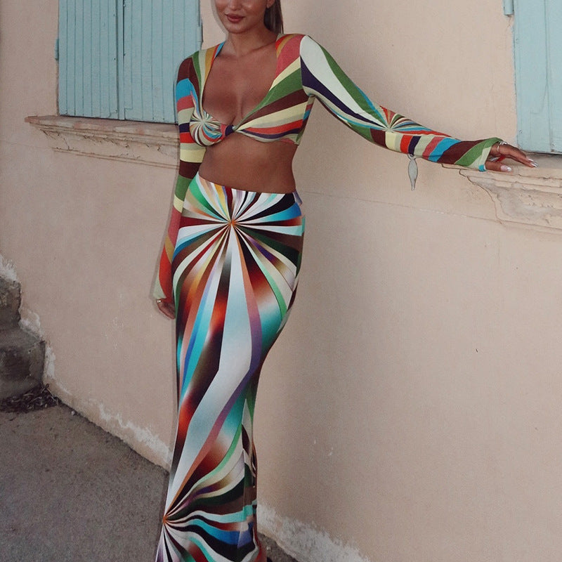 's Special Multicolor Wrapped Chest Long Sleeve U Collar Skirt Set