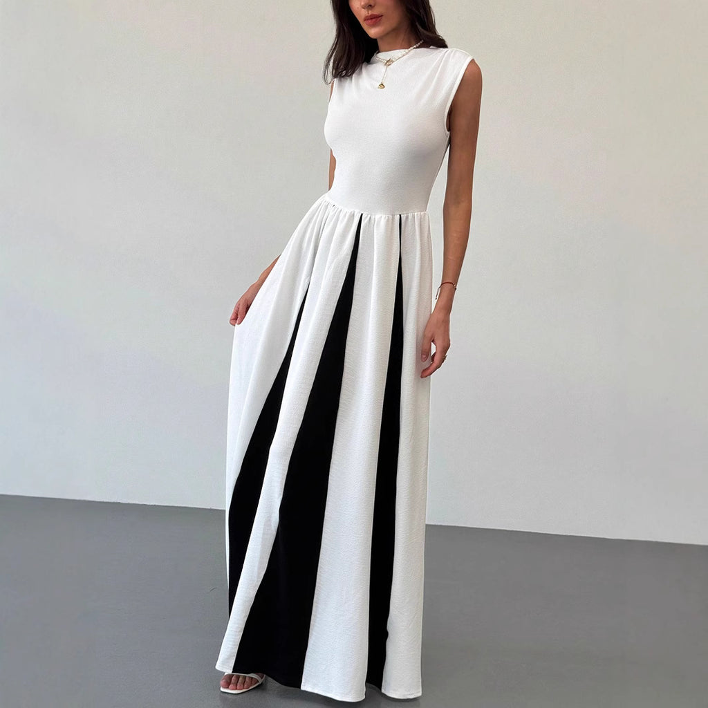 Women's Elegant Crew Neck Sleeveless Waist Color Dress