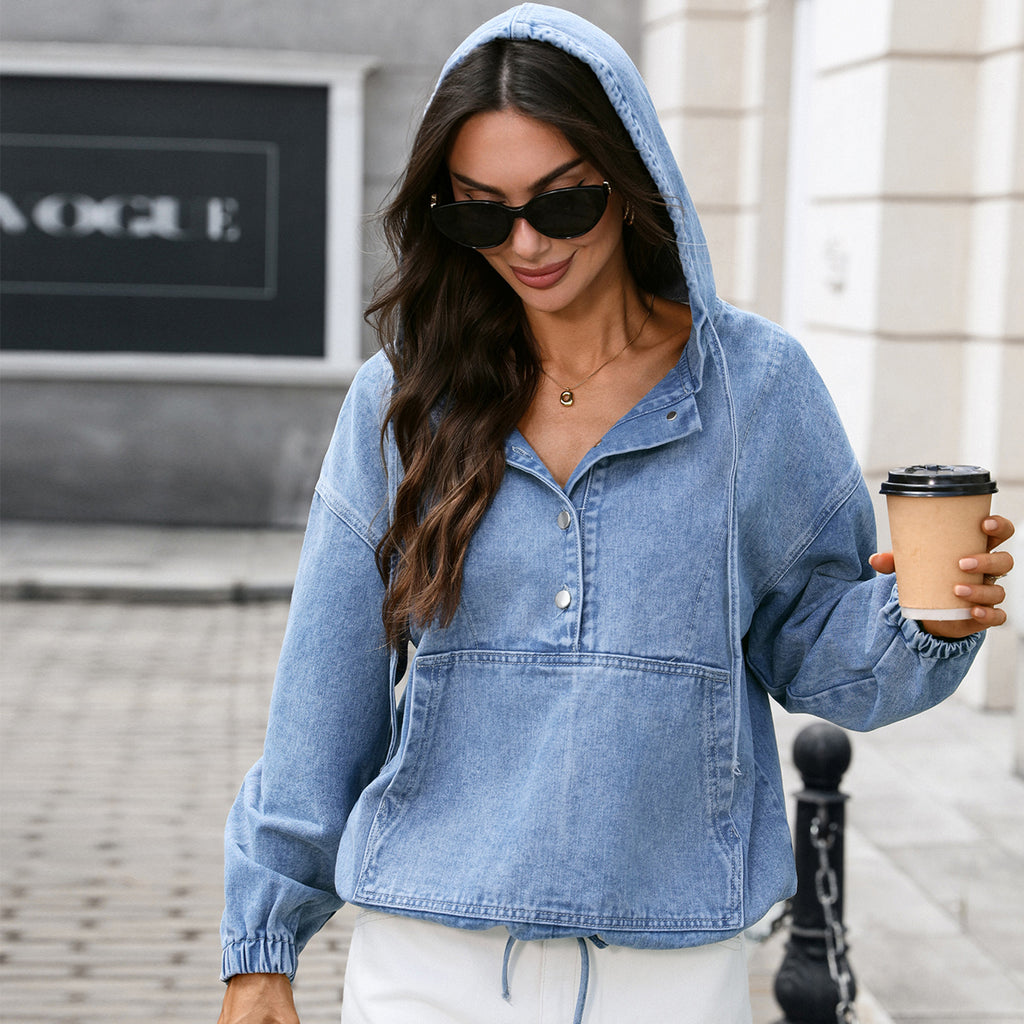 Women's Hooded Half Cardigan Button Drop Shoulder Long Sleeve Washed Denim Hooded Pullover Tops Women