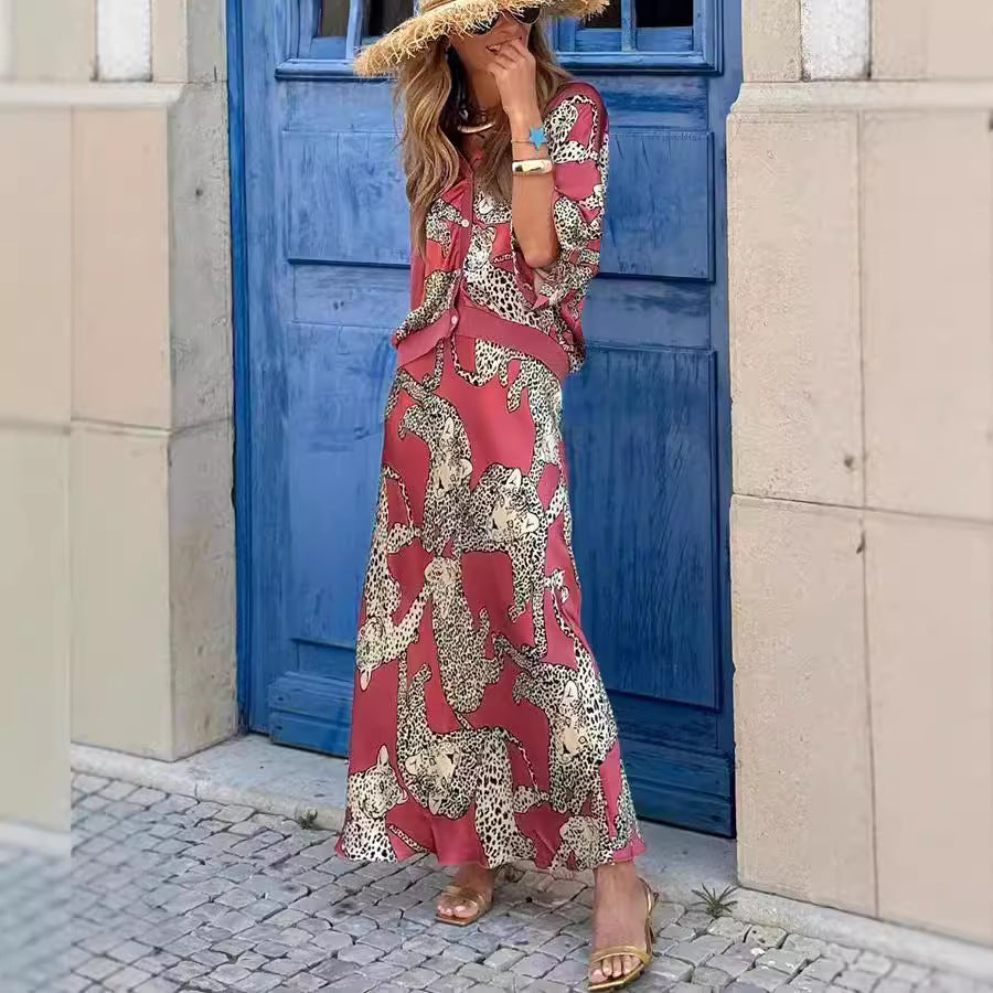 Printing Series Buckle Top Skirt Set