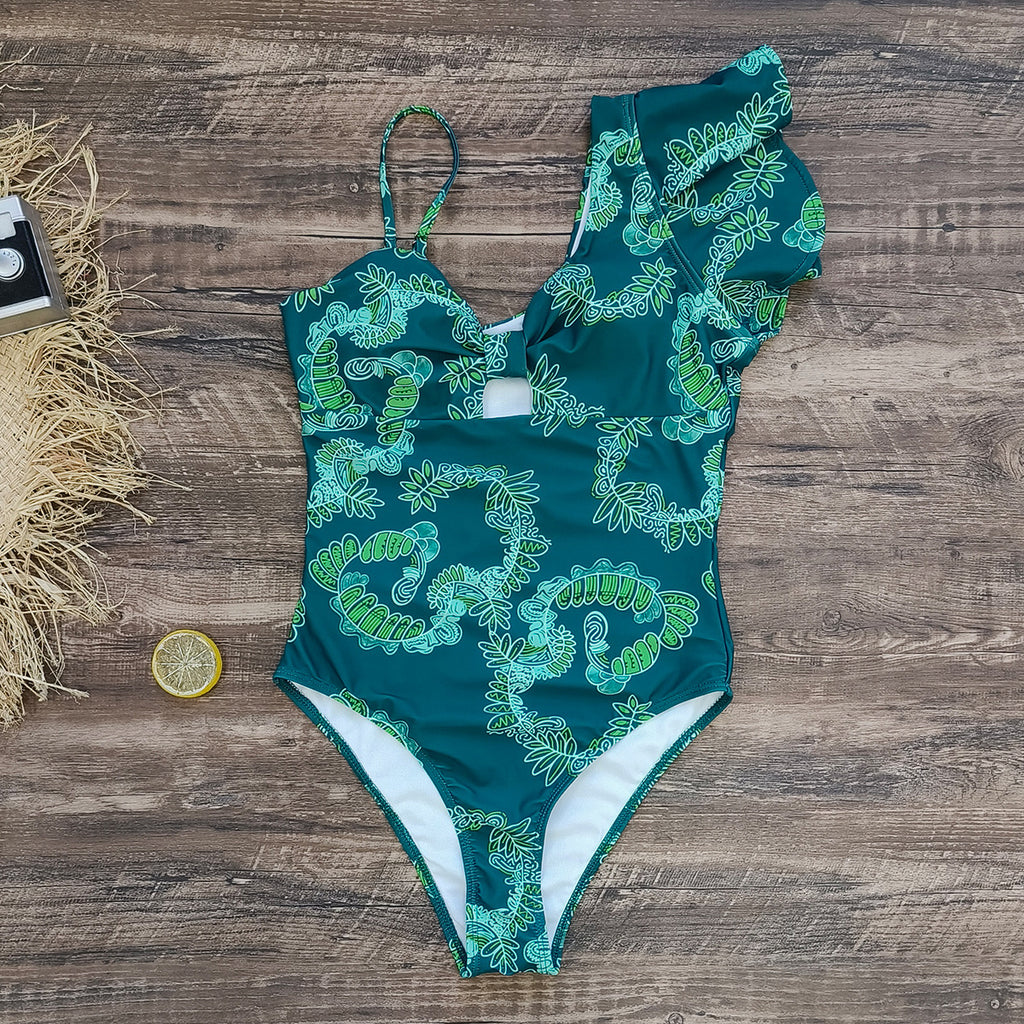 Asymmetric Ruffled One-piece Swimwear