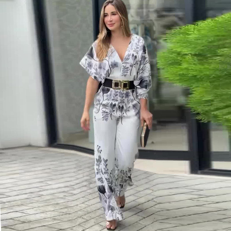 Waist Controlled Straight Printing Jumpsuit