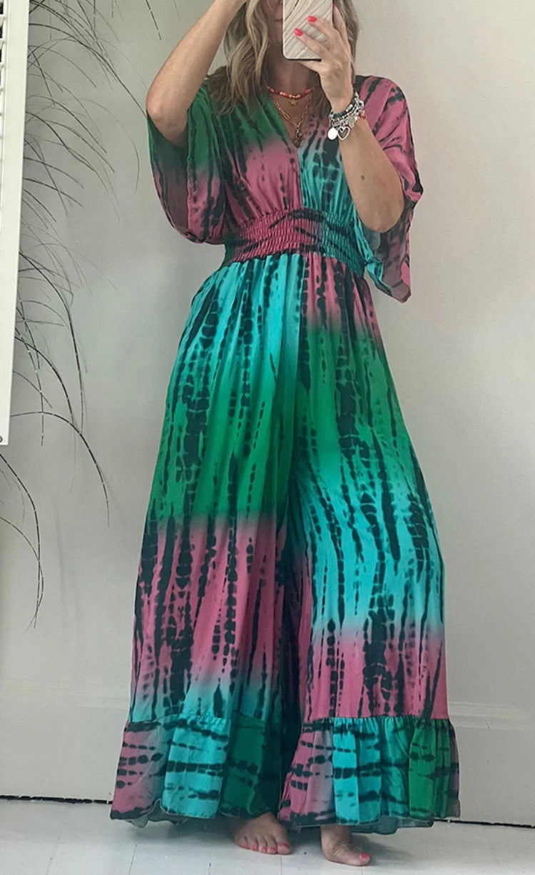 Arrival Printed Elastic Waist with Pocket Loose Lace-Up Jumpsuit