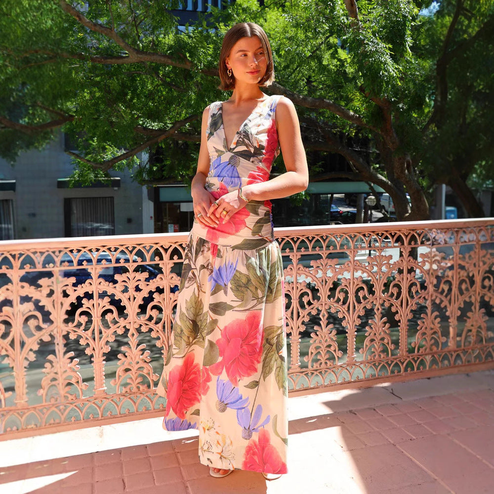 Women's Spring Summer Maxi Dress Internet Celebrity Same Printed Waist
