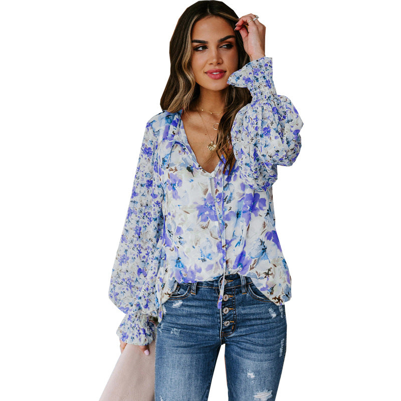 Women's Chiffon Shirt Cardigan Spring Summer Loose Floral Pattern Lantern Sleeve Top For Women