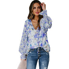 Women's Chiffon Shirt Cardigan Spring Summer Loose Floral Pattern Lantern Sleeve Top For Women