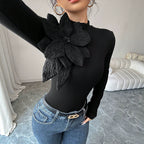 Women's Half High Collar Long Sleeves T Shirt Three Dimensional