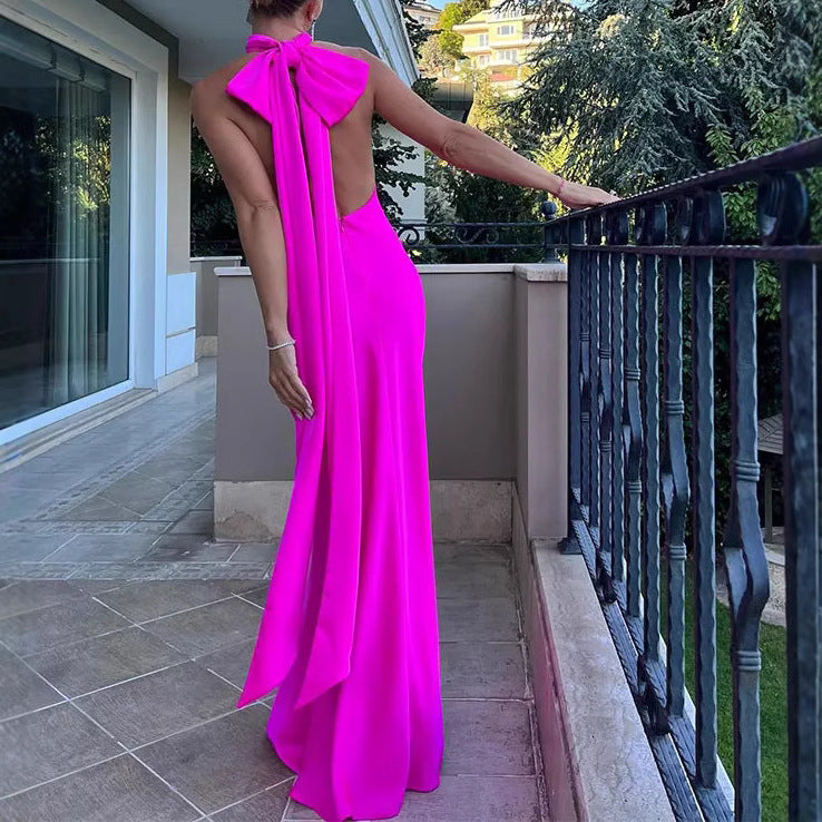 French Satin Lace-Up Backless Dress