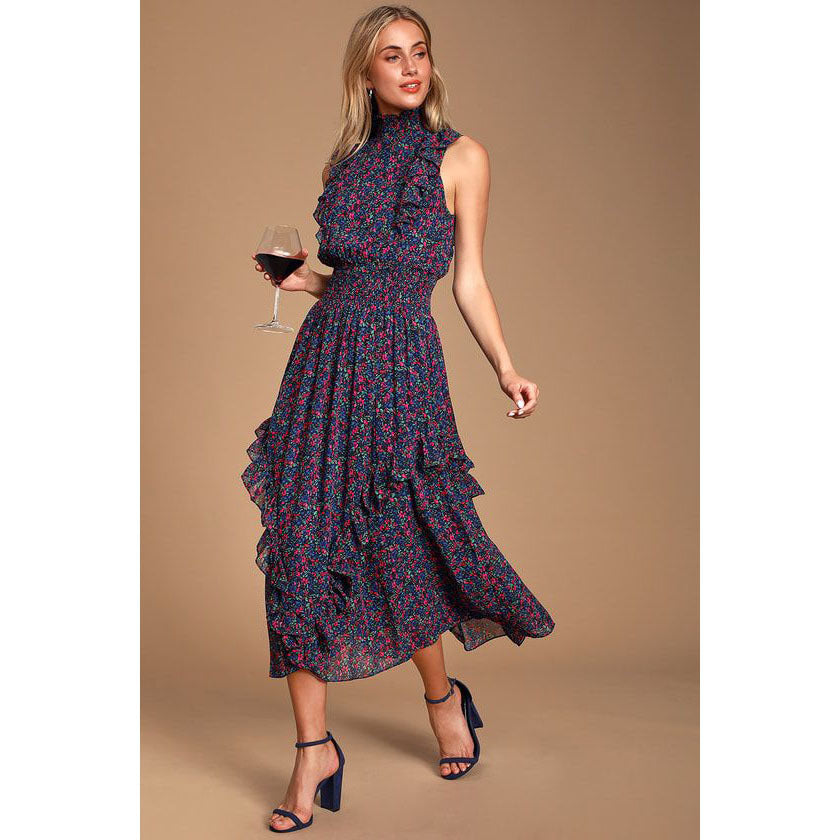 Women Elegance Sleeveless Printed Pleated Dress Maxi Dress