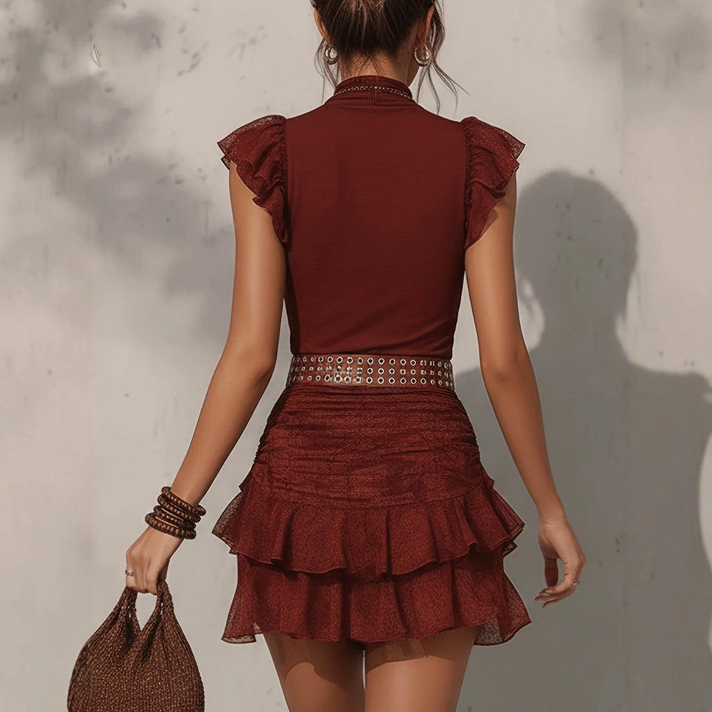 Ruffles Two Piece Turtleneck Top with Pleated Lace Skirt (Excluding Belt)