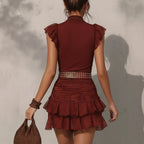 Ruffles Two Piece Turtleneck Top with Pleated Lace Skirt (Excluding Belt)