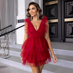 Women's Summer Women Clothing Dress Net Yarn Cake V Neck Brace Evening Dress