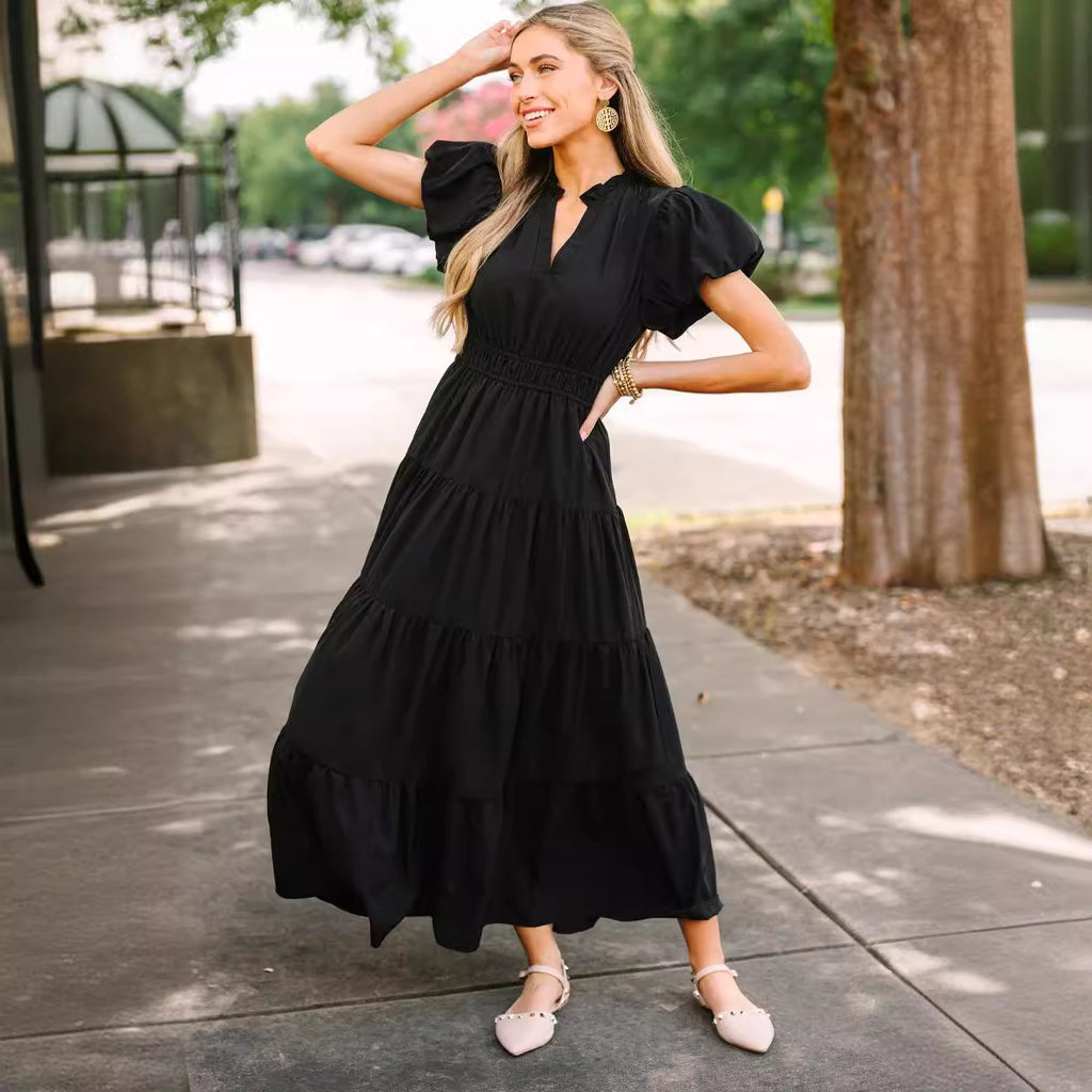 Women's High-Collar Puff-Sleeve Maxi Dress