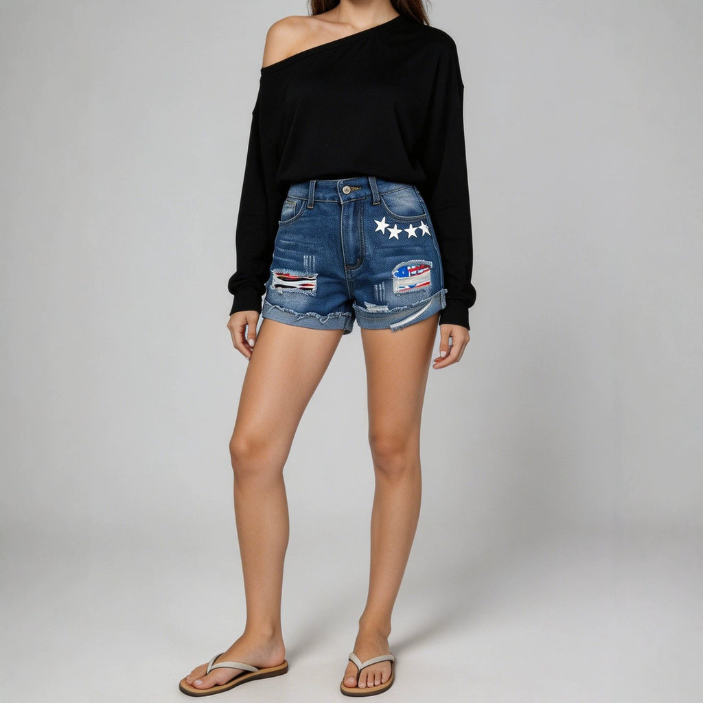 Summer Flanging Printed Pattern Design Women Denim Shorts