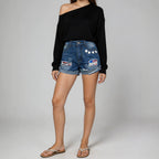 Summer Flanging Printed Pattern Design Women Denim Shorts