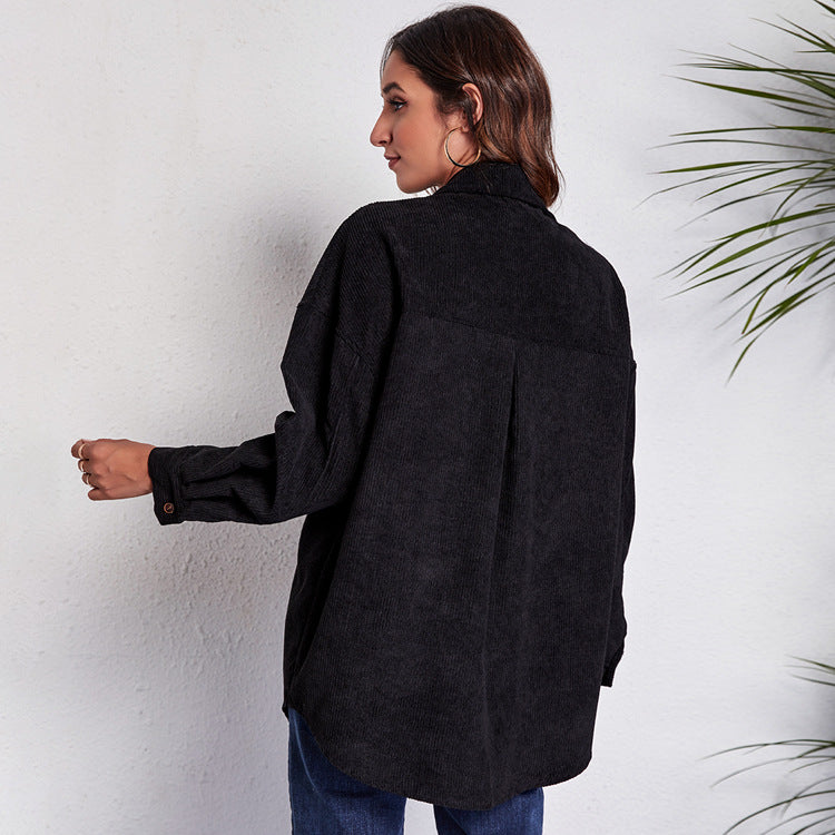 Women's Loose Corduroy Shirt Mid-Length Patchwork Pocket Drop-Shoulder Long-Sleeve Thin New
