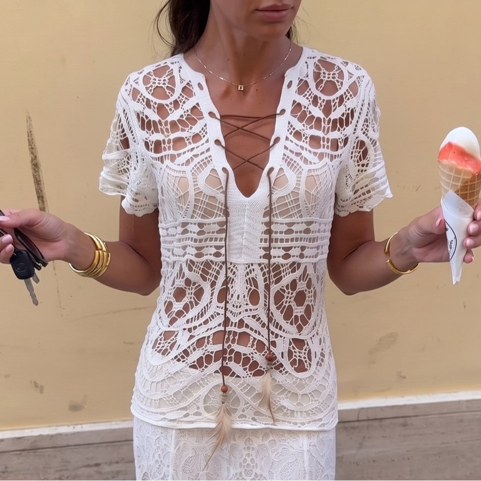 Women's Embroidered Lace-Up Beach Top
