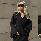 Women's Autumn Winter Minimalist V Neck Solid Color Loose Sweater Set