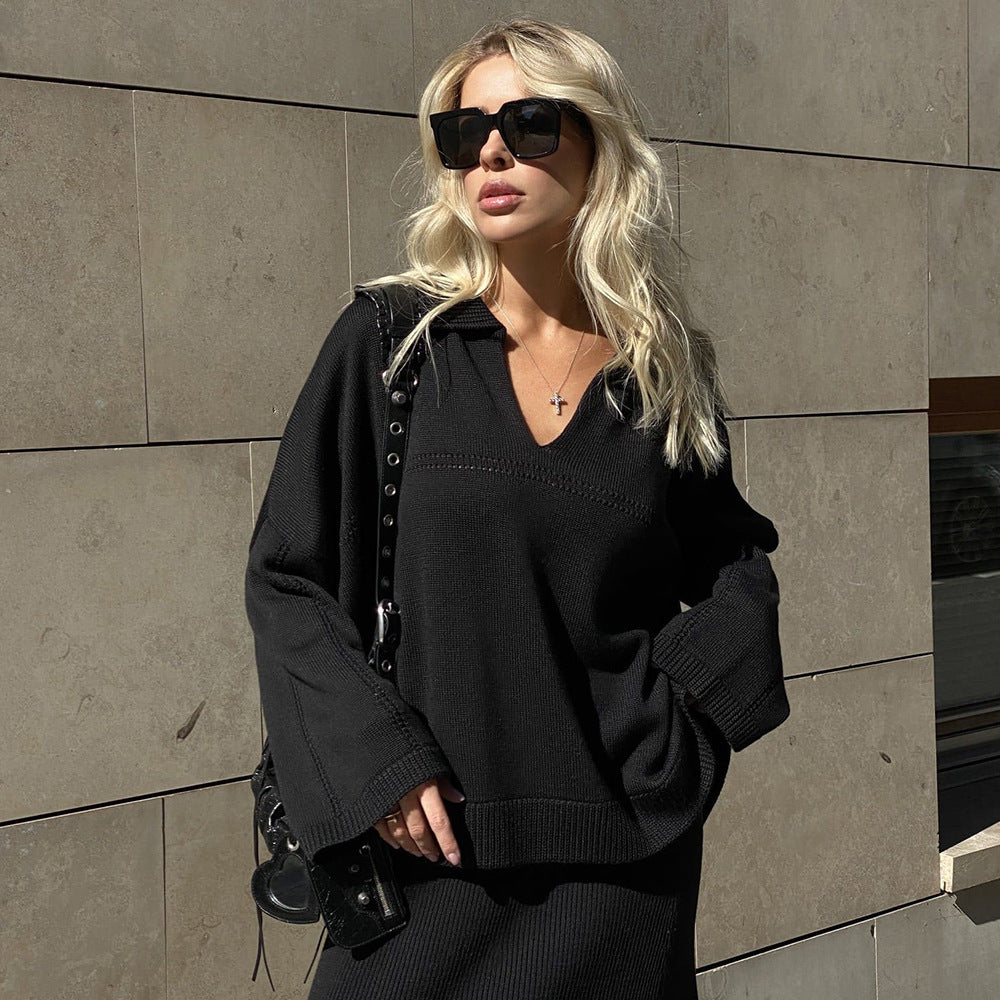 Women's Autumn Winter Minimalist V Neck Solid Color Loose Sweater Set