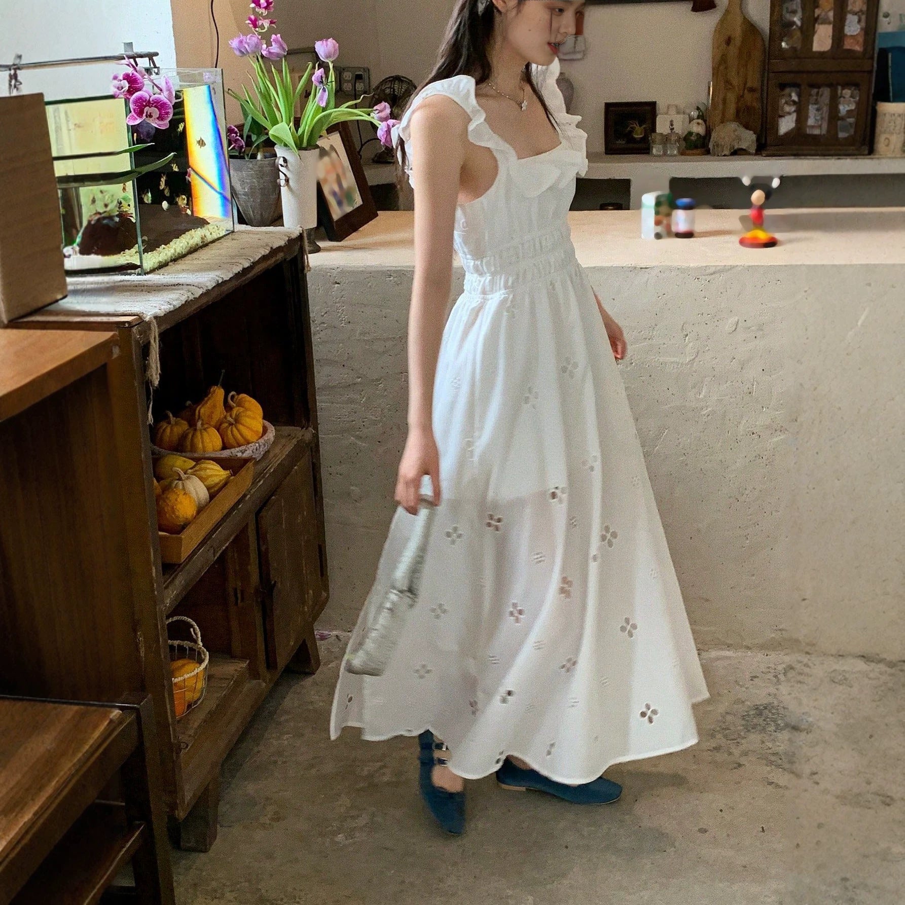 Women's White Embroidered Ruffle Cami Dress