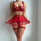 Sexy Red Embroidery Transparent Tempting Sexy Lingerie Three Piece Set