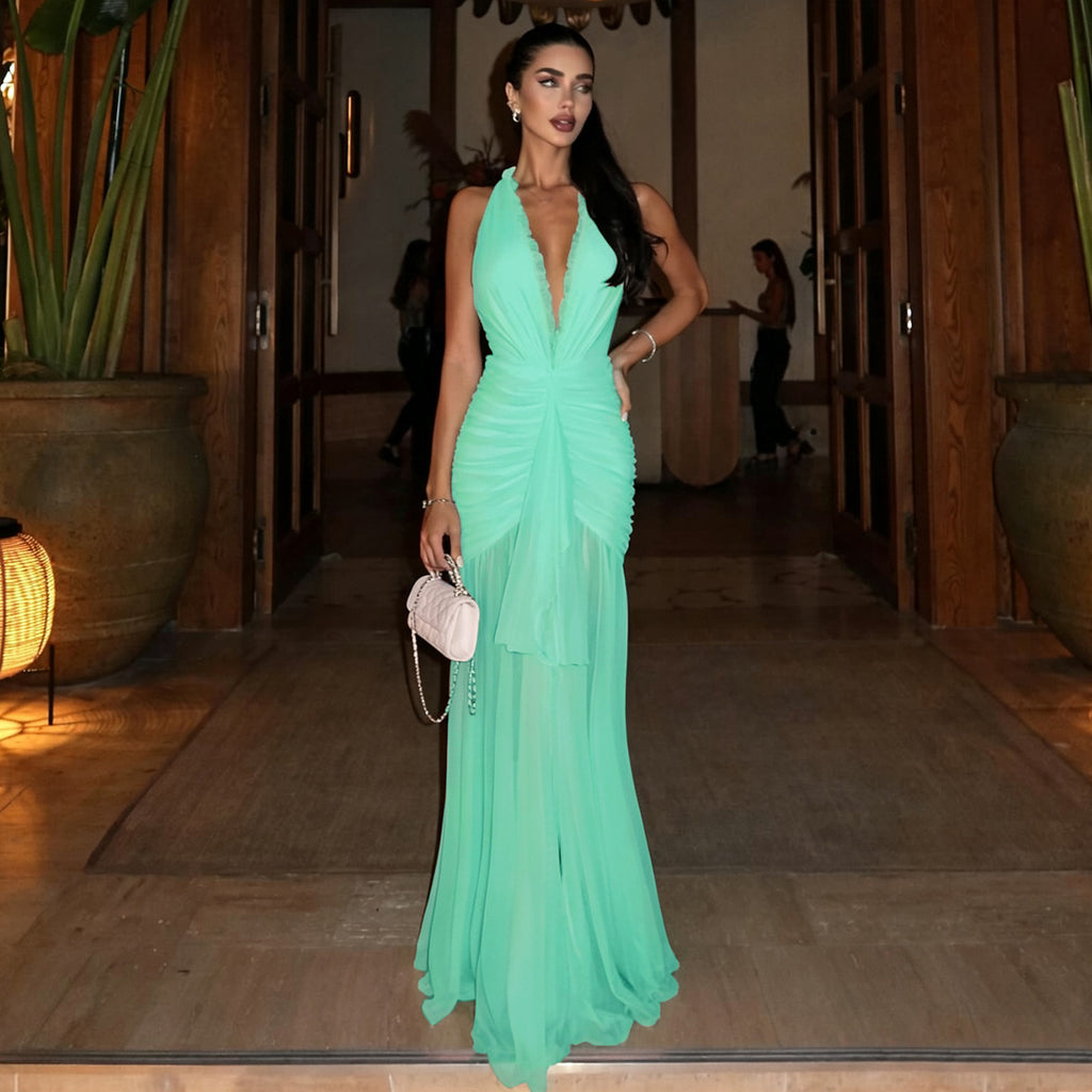 Women's Mesh Halter Pleated Dress