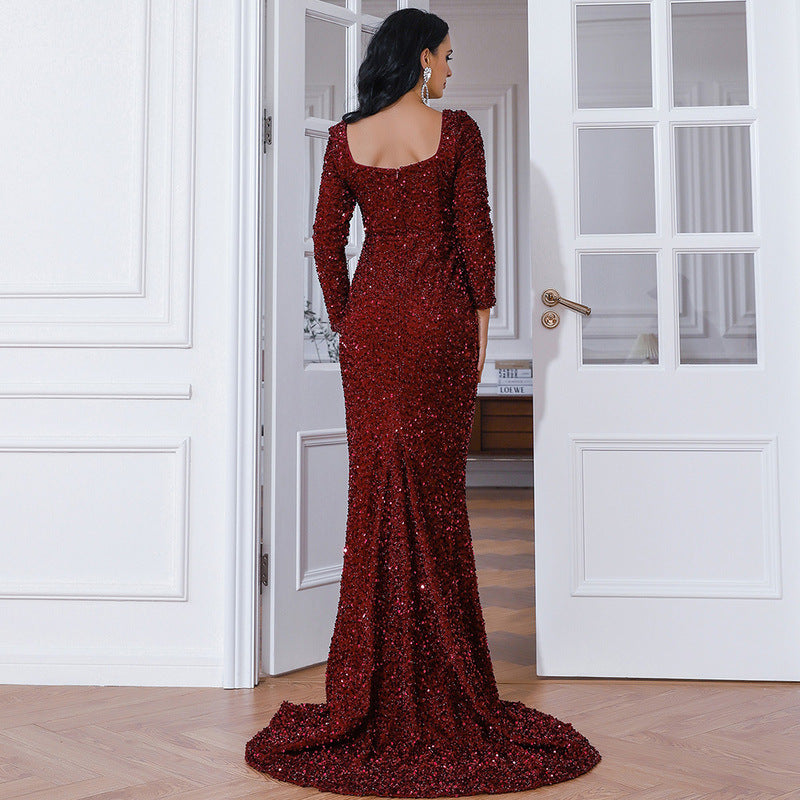 Fishtail Off Neck Long Sleeved Mid Length Wedding Toast Dress