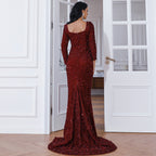 Fishtail Off Neck Long Sleeved Mid Length Wedding Toast Dress