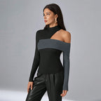 Women’s Black Asymmetric Color Block Mock Neck Top