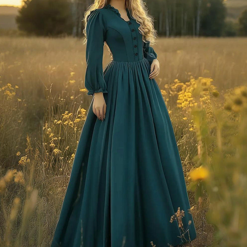Women's Retro Long Sleeve Flared Hem Dress