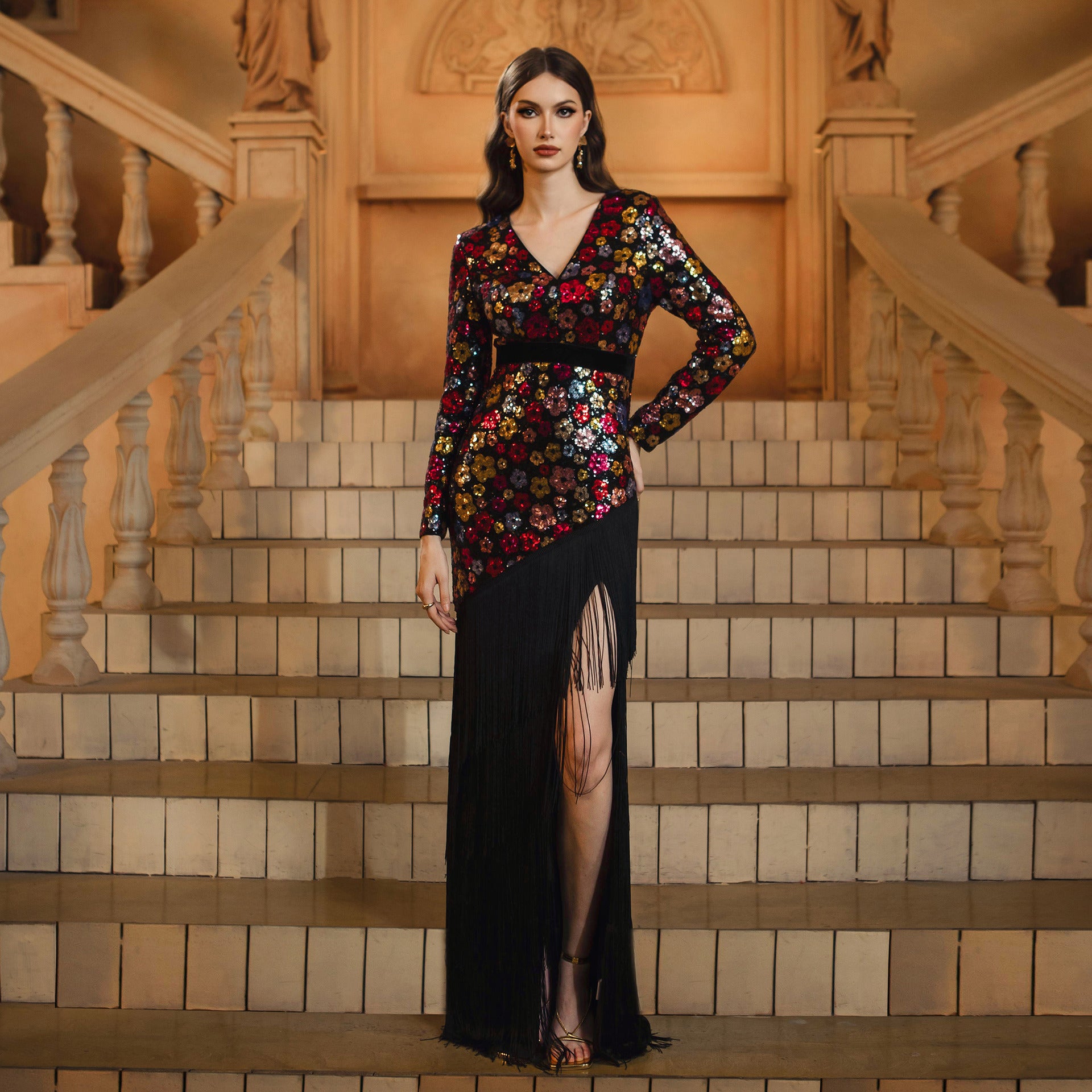 Women's Sequin Fringe Fishtail Evening Dress