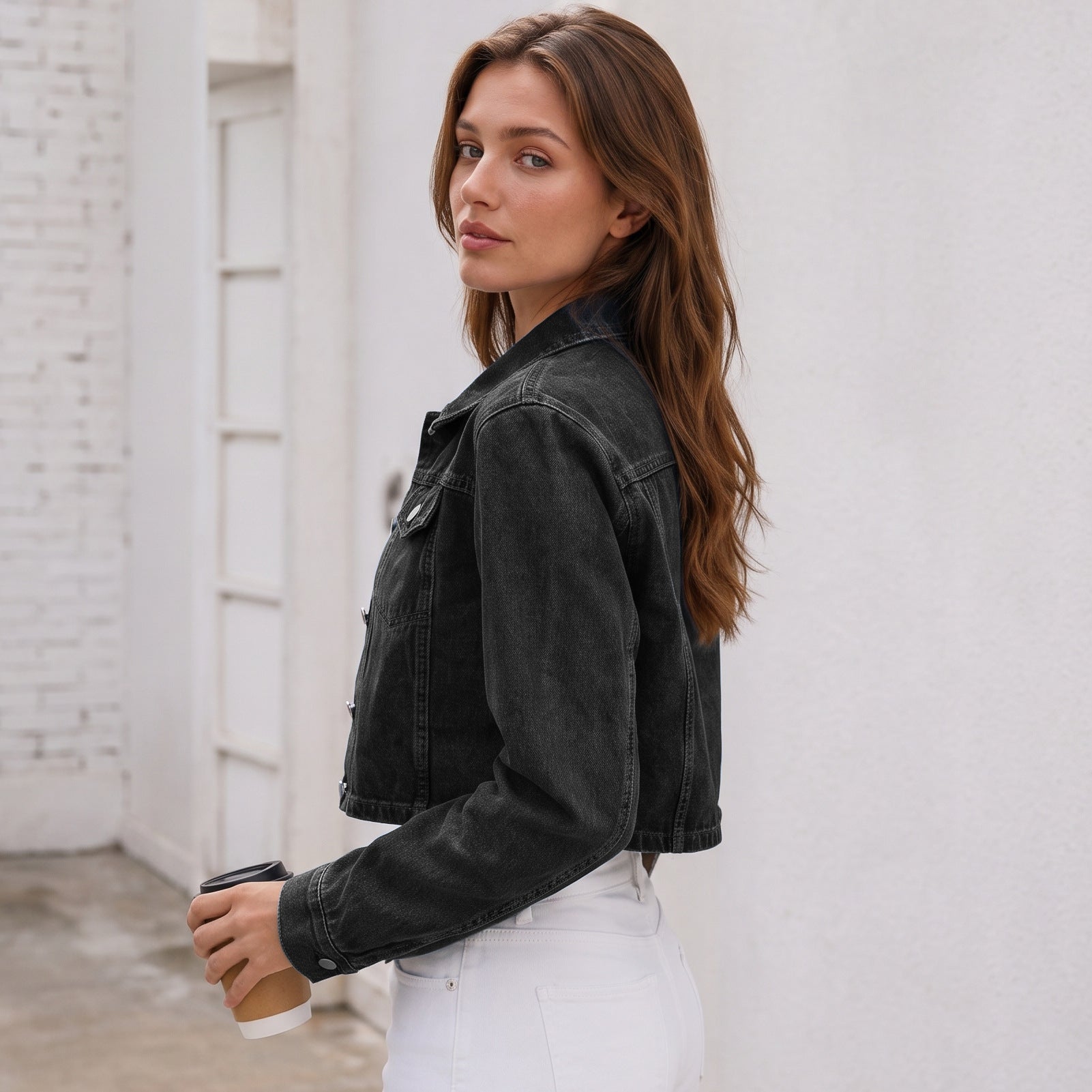 Collared Double Flap Chest Bag Metal Breasted Long Sleeve